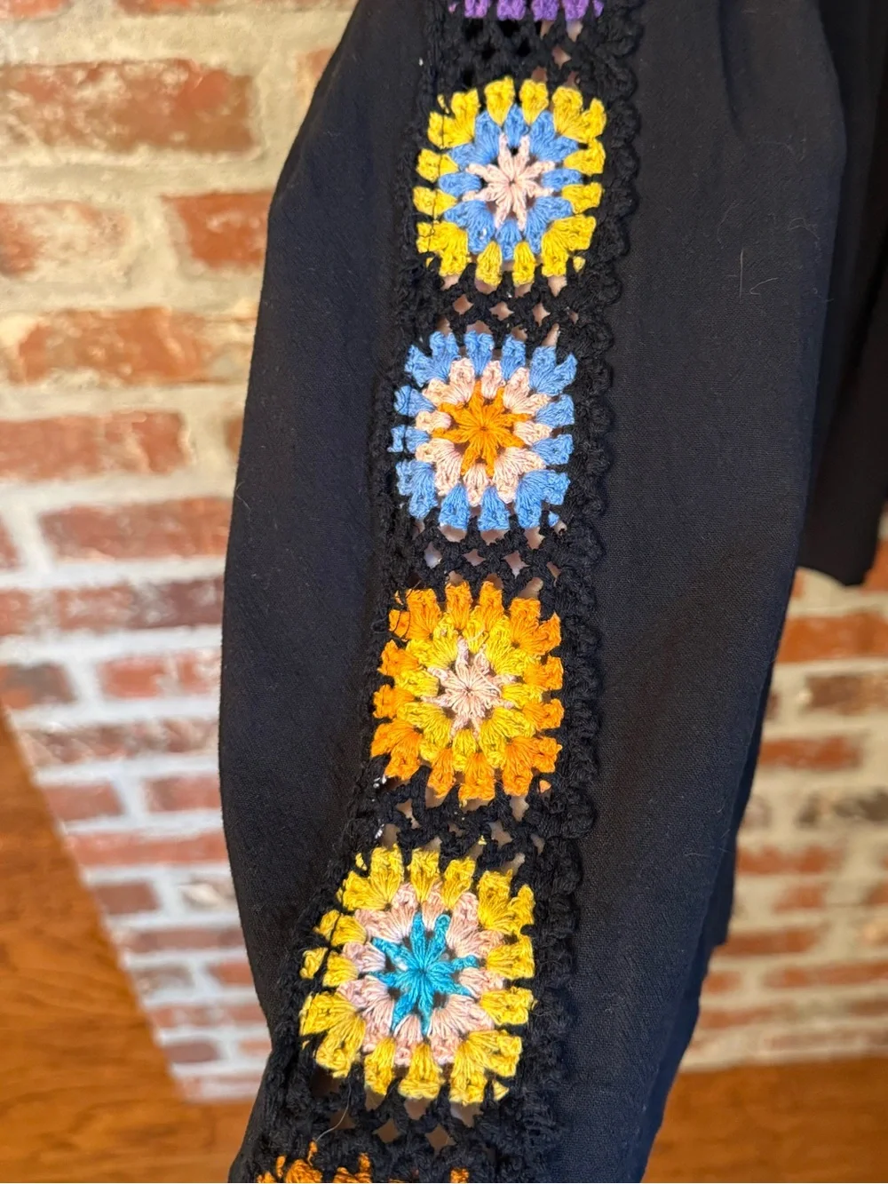 P98 - BloomChic Black Wide Leg Pants with Multicolor Crochet Trim